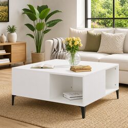 White Coffee Table with Storage Compartments Modern Living Room Accent Furniture