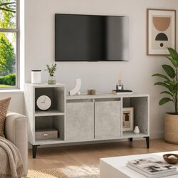 TV Cabinet Grey Engineered Wood Media Storage Unit Doors Compartments