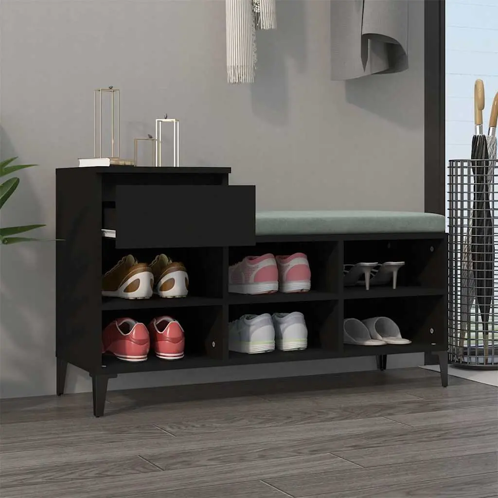 Shoe Cabinet Black Storage Organizer 6 Compartments 1 Drawer Engineered Wood Metal Legs