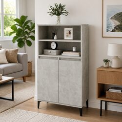 Highboard Storage Cabinet Grey Engineered Wood Sideboard with Metal Feet