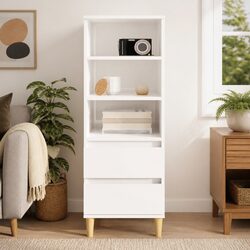 Highboard Storage Cabinet White Engineered Wood Sideboard 3 Shelves 2 Drawers