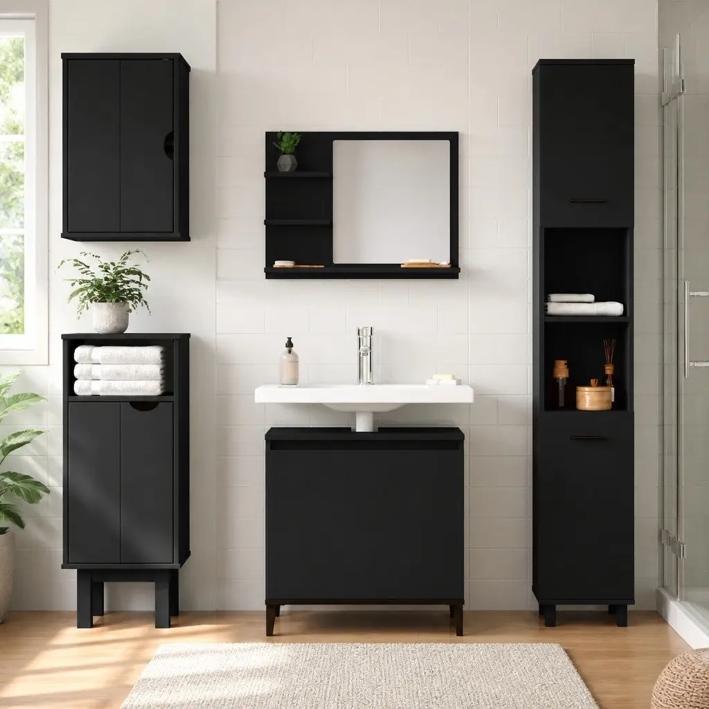 Wall-Mounted Sink Cabinet Bathroom Vanity Unit Black Engineered Wood Storage