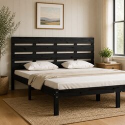 Headboard Bed 180 cm Black Slatted Wood Design Bedroom Furniture Pine Support