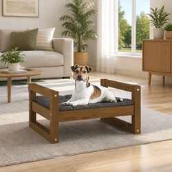 Dog Bed Solid Pine Wood Brown Rectangular Frame Sturdy Pet Sleeping Furniture