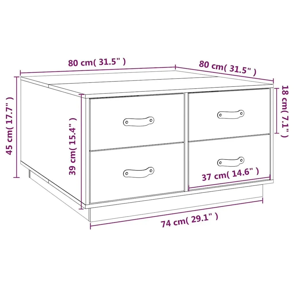 Coffee Table Solid Pine Wood 80x80x45cm Brown 4 Drawers Storage Living Room