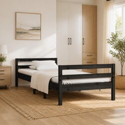Solid Wood Bed Frame 90x190cm Black Pine Wooden Single Bedroom Furniture Base