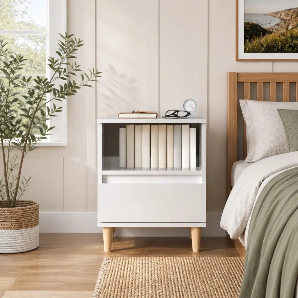 Bedside Table White High Gloss Storage Drawer Engineered Wood Wooden Legs