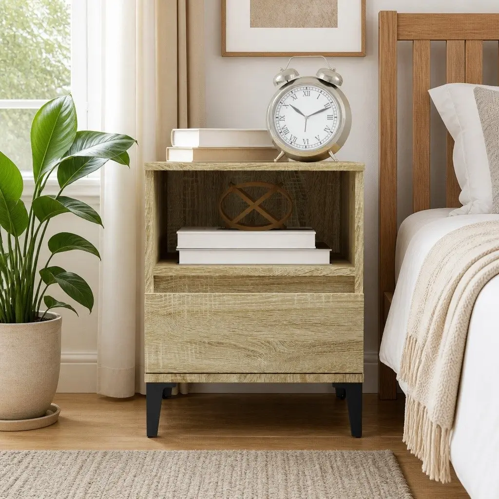Bedside Cabinet Brown Storage Compartment Drawer Metal Feet Bedroom Furniture