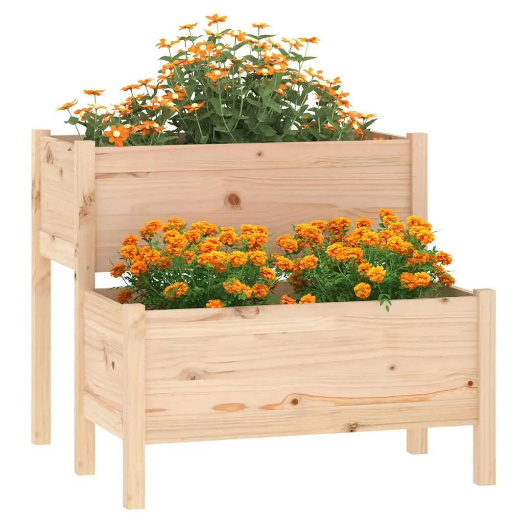Wooden Planter 2-Tier Raised Flower Bed Box Solid Pine Brown