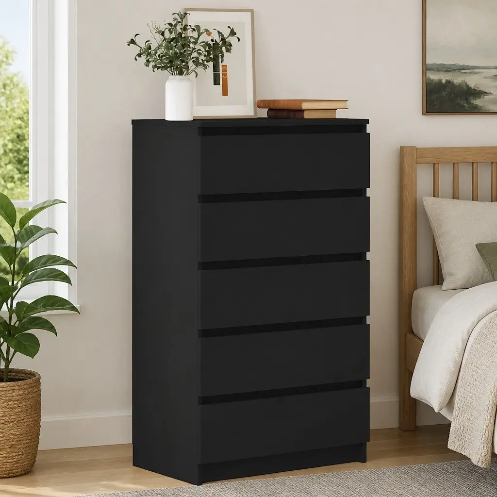 Drawer Cabinet Black Storage Chest 5 Drawers Engineered Wood