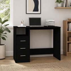 Office Desk with 3 Drawers Open Compartment Black Engineered Wood Study