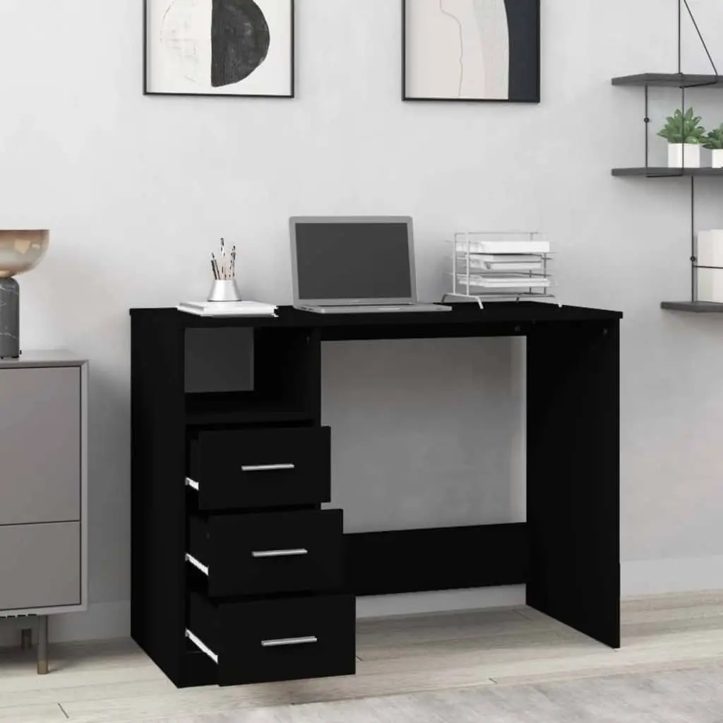 Office Desk with 3 Drawers Open Compartment Black Engineered Wood