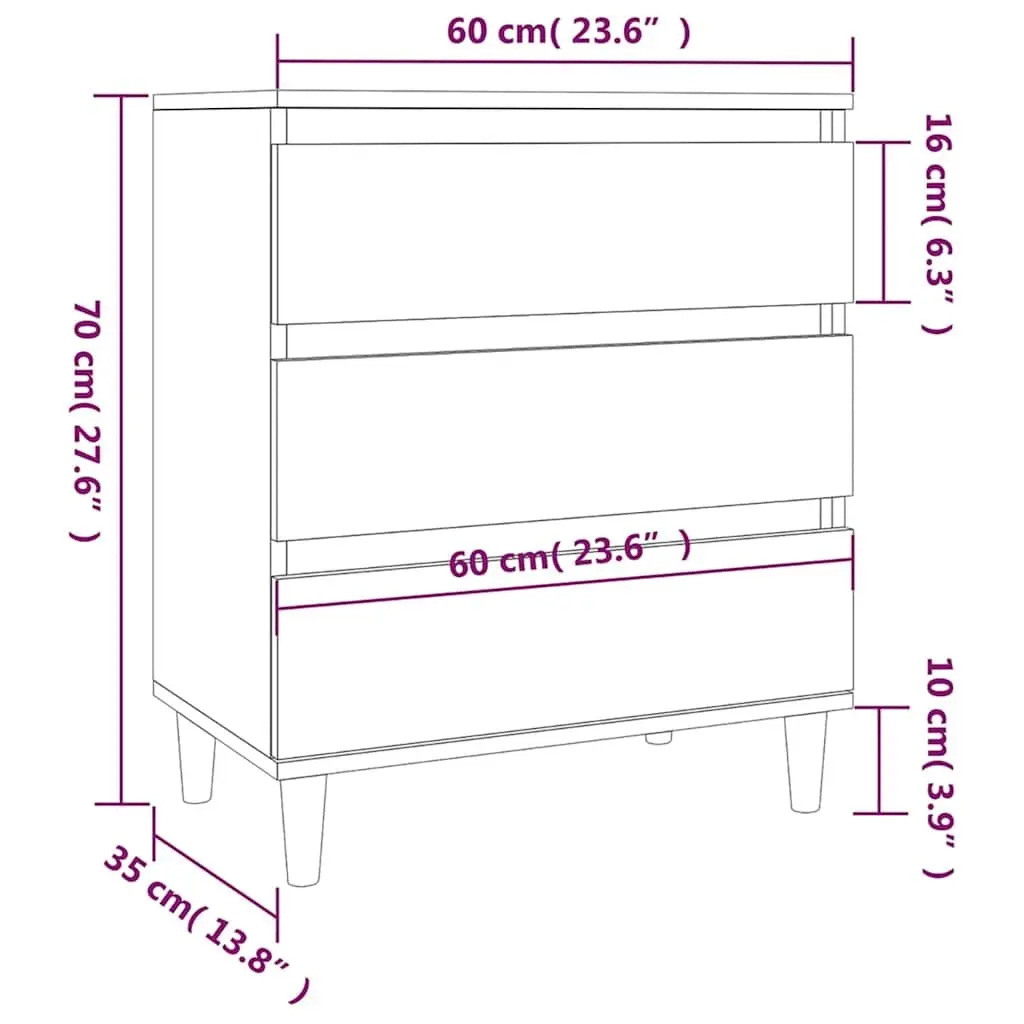 Sideboard Storage Cabinet 60x35x70 cm 3 Drawers White Engineered Wood