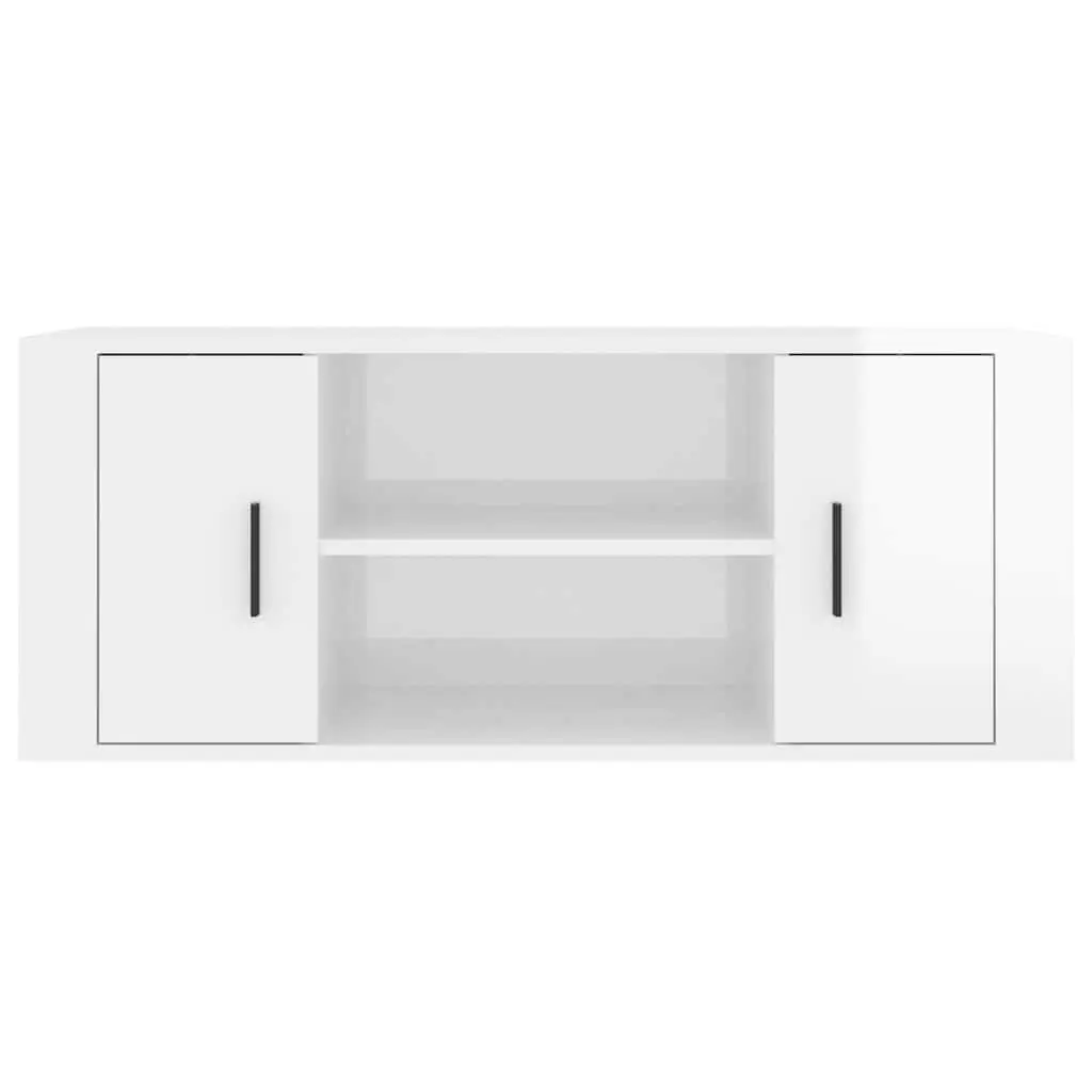 TV Cabinet Engineered Wood High Gloss White Media Unit Storage Compartments