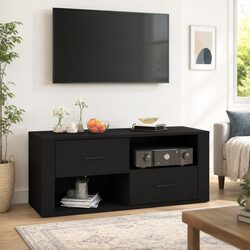 TV Cabinet Black Engineered Wood Storage Unit Drawers Compartments Media Stand