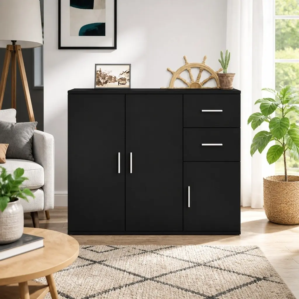Sideboard Cabinet Black Engineered Wood 91x29.5x75cm Storage Furniture