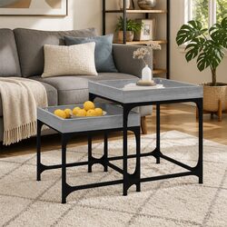 Side Tables Set of 2 Grey Engineered Wood Industrial Living Room Accent Storage