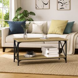 Coffee Table with Open Shelf Brown Engineered Wood Iron Frame Living Room Accent