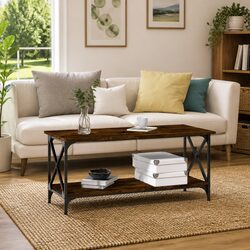 Coffee Table Brown Engineered Wood Iron Frame Living Room Accent Side Table