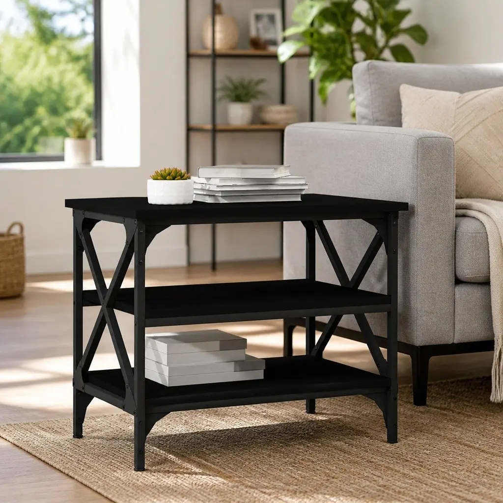 Side Table Black Industrial Style 55x38x45cm Storage Accent Coffee Table