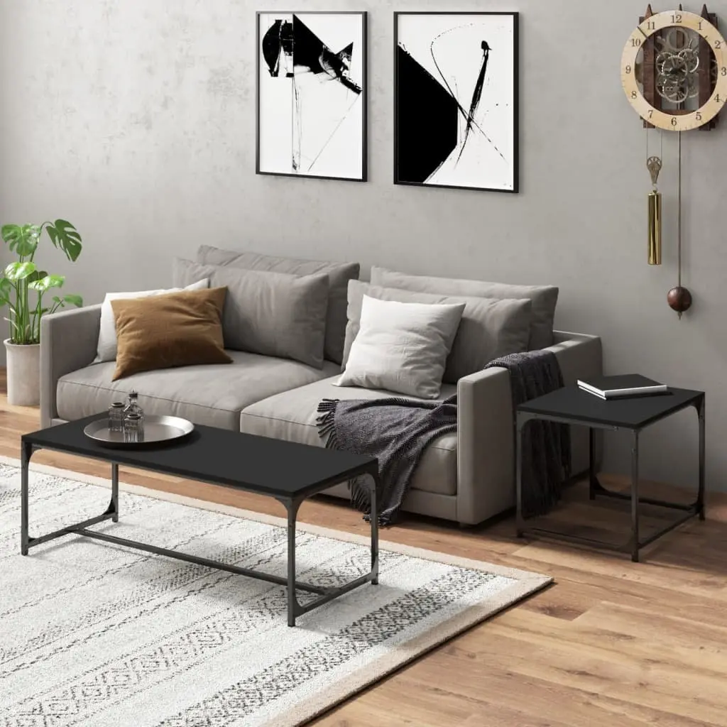 Coffee Tables Industrial Style 2 pcs Black Storage Steel Frame Adjustable Legs