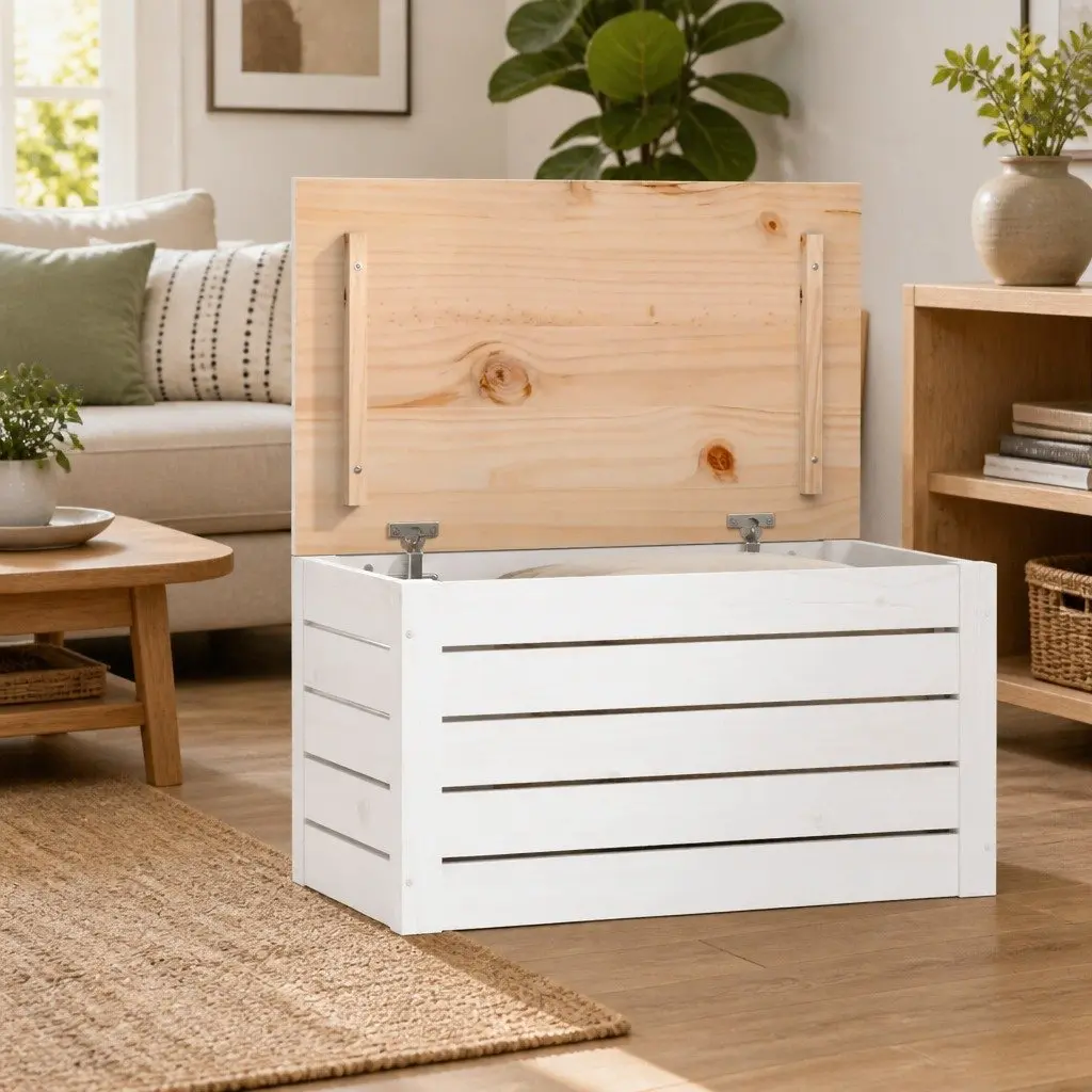 Storage Box White Solid Wood Pine Chest Lid Organizer Home Furniture