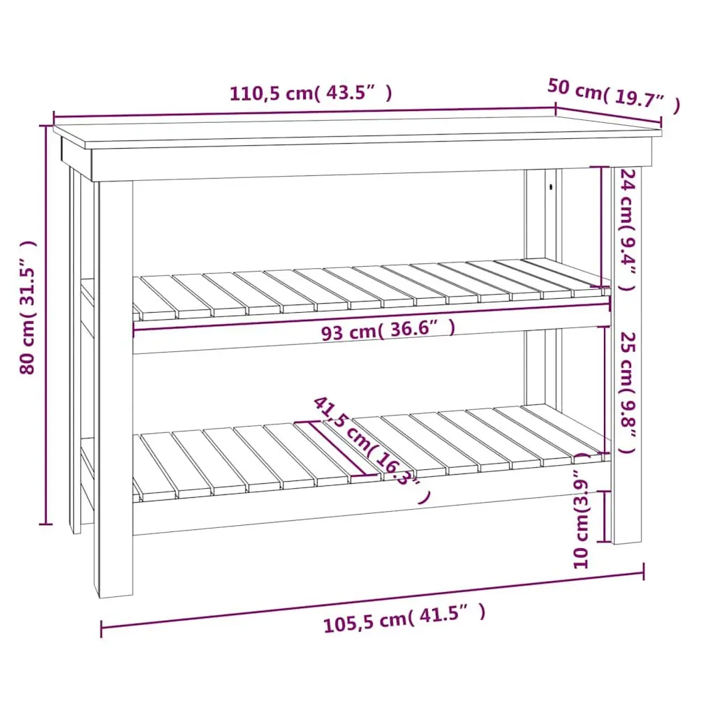 Work Bench Solid Wood Pine Storage Table with Shelves 110.5x50x80cm Brown