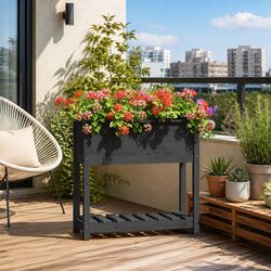 Wooden Garden Planter with Shelf Storage Grey Raised Bed Flower Box Pine