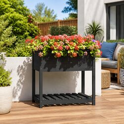 Wooden Planter Box with Shelf Grey Garden Flower Bed Raised Herb Vegetable Pot