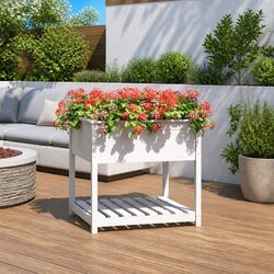 Wooden Planter with Shelf White Raised Garden Flower Box Solid Pine Wood 82.5cm