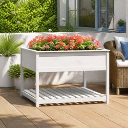 Wooden Planter with Shelf White Raised Garden Flower Box Pot Outdoor Patio