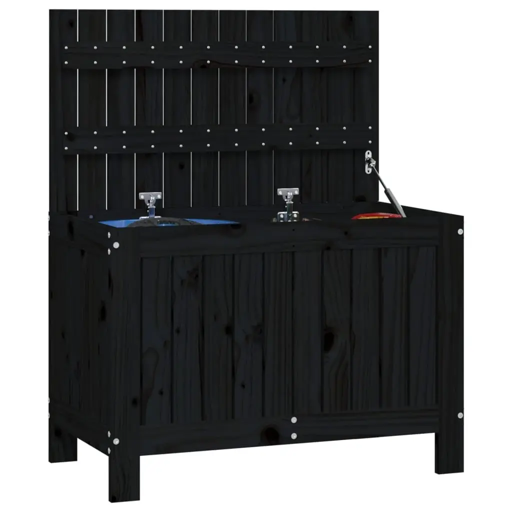 Garden Storage Box Solid Pine Wood Hydraulic Gas Lift Lid Black Outdoor Furniture