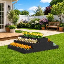 Wooden Planter Pot Grey Raised Flower Bed Garden Box Stair Step Design