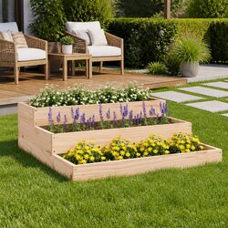 Wooden Planter Box 78x78x27cm Solid Pine Raised Garden Flower Bed Step Design