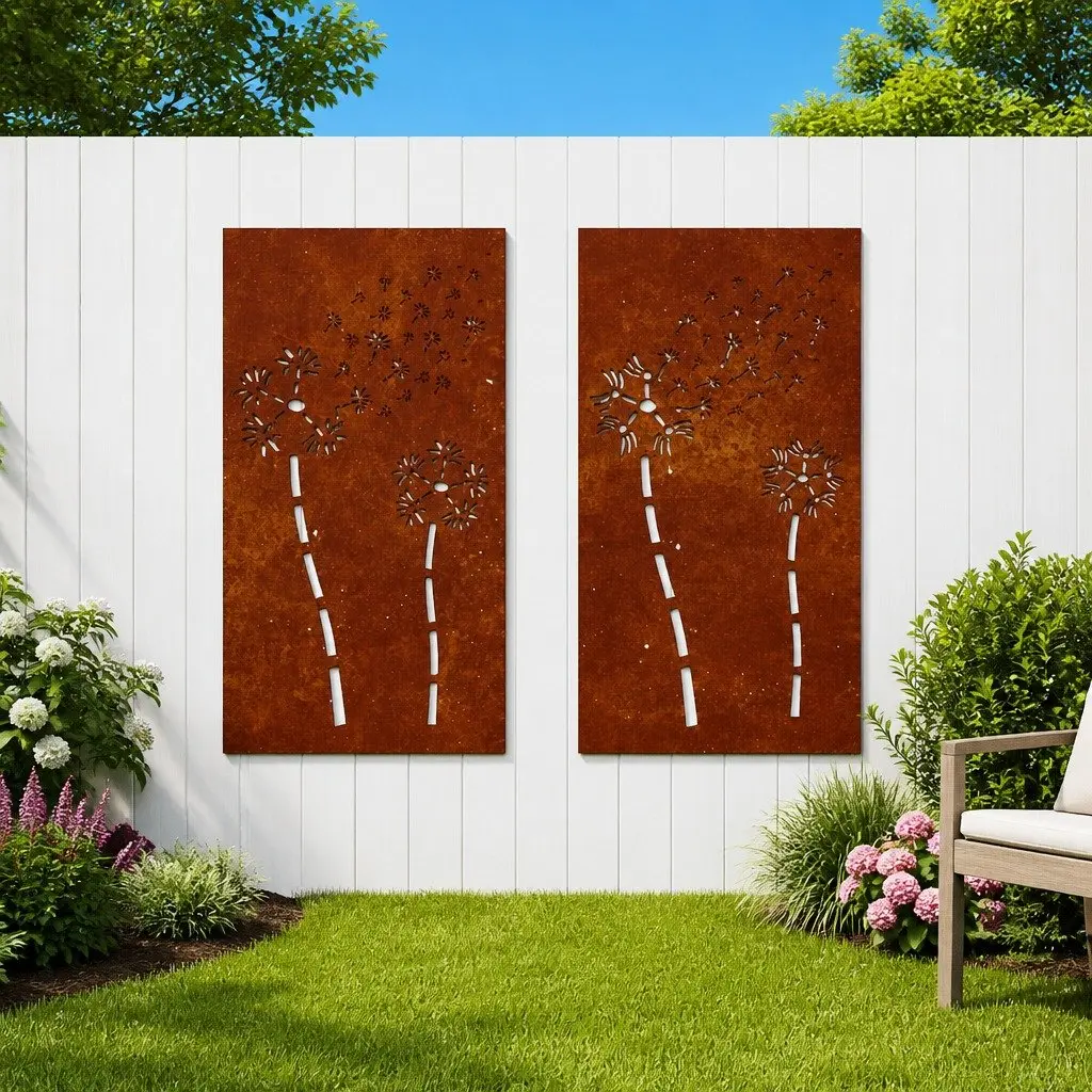 Garden Wall Decoration Hollow Flower Pattern 105x55cm Weathering Steel Brown 2 Piece