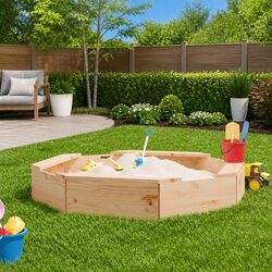 Octagon Wooden Sandbox with Seats Kids Outdoor Sand Play Pit Garden Toy