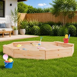 Octagon Wooden Sandbox with Seats Solid Pine Wood Outdoor Play Equipment for