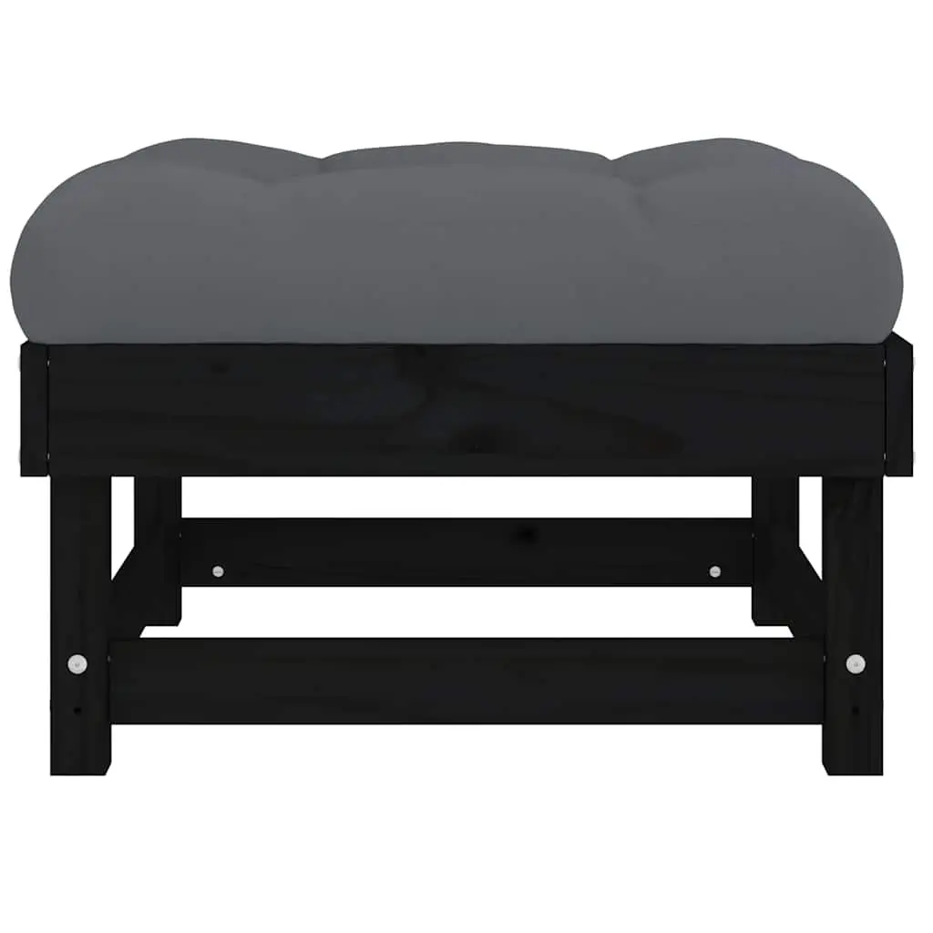 Garden Footstool with Cushion Black Outdoor Seating Patio Wooden Frame