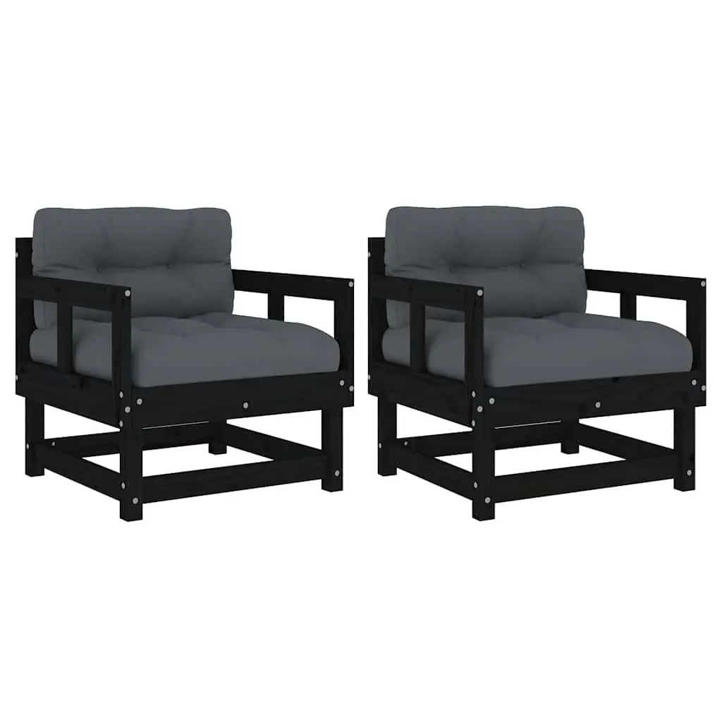 Garden Chairs with Cushions 2 pcs Black Solid Pine Wood Outdoor Seating Patio Lounge Set