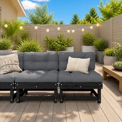 Outdoor Middle Sofas with Cushions 2pcs Black Solid Wood Pine Sectional Modular