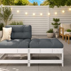 Garden Footstool with Cushion White Slatted Wood Outdoor Patio Seating