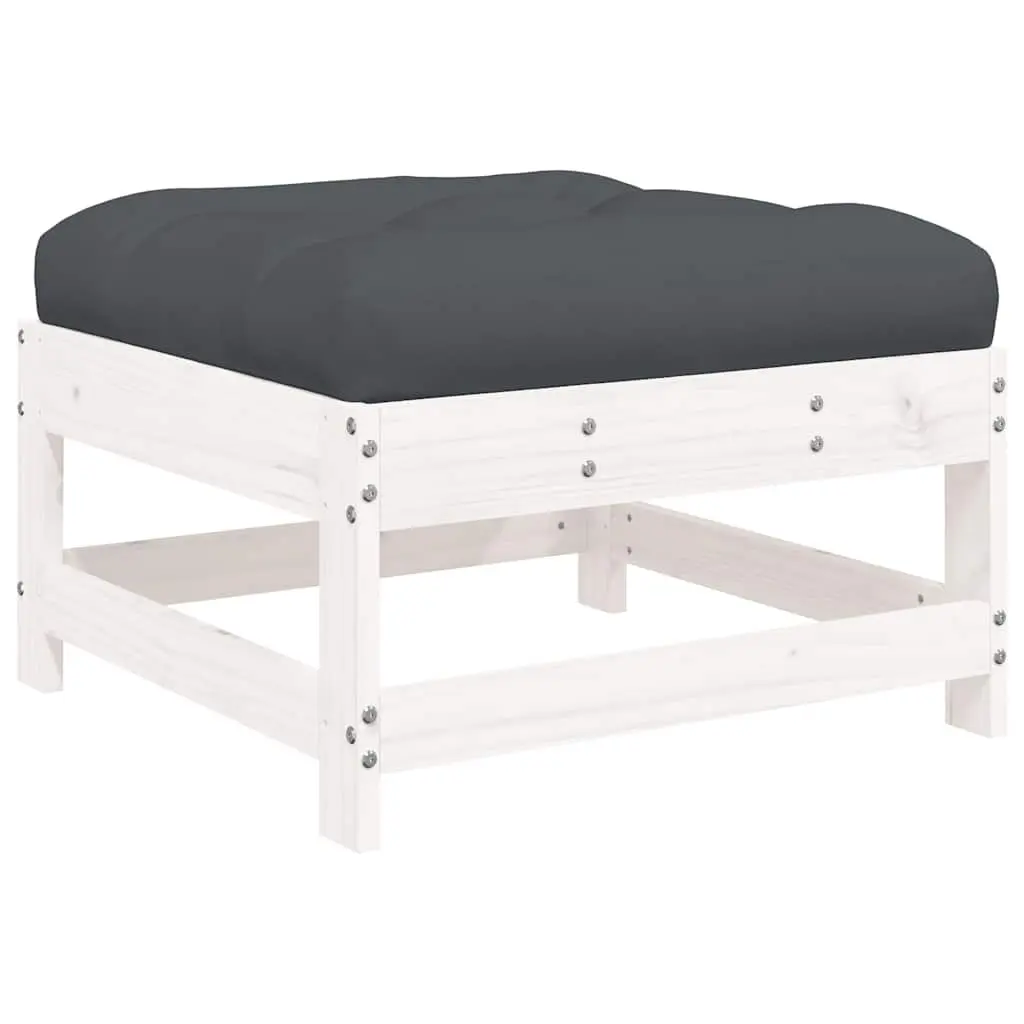 Garden Footstool with Cushion White Slatted Wood Outdoor Patio Seating