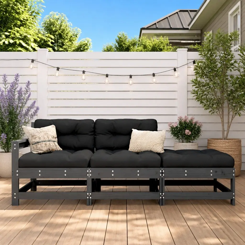 3 Piece Garden Lounge Set Outdoor Sectional Sofa with Cushions Grey Wood