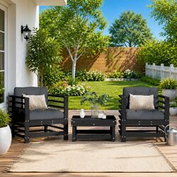 Outdoor Garden Chairs with Cushions 2 pcs Black Wood Patio Seating Set