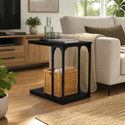 End Table Side Table Black C-Shape Storage Engineered Wood Steel Frame Living