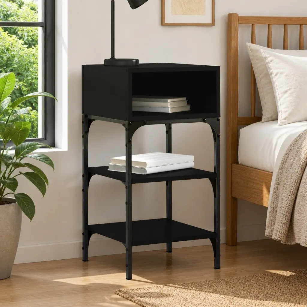 Bedside Table Black Engineered Wood Storage Cabinet 35x34.5x70cm