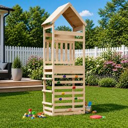 Outdoor Play Tower Wooden Climbing Slide Hideaway Kids Backyard Playset Garden