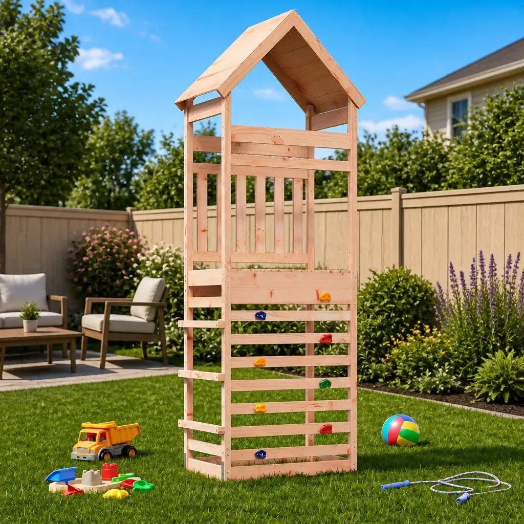 Outdoor Play Tower Wooden Climbing Frame Shaded Roof Brown
