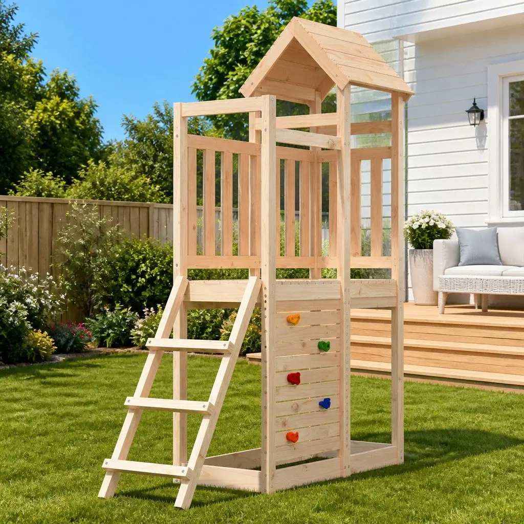 Wooden Playset with Rockwall and Ladder Outdoor Garden Structure Brown