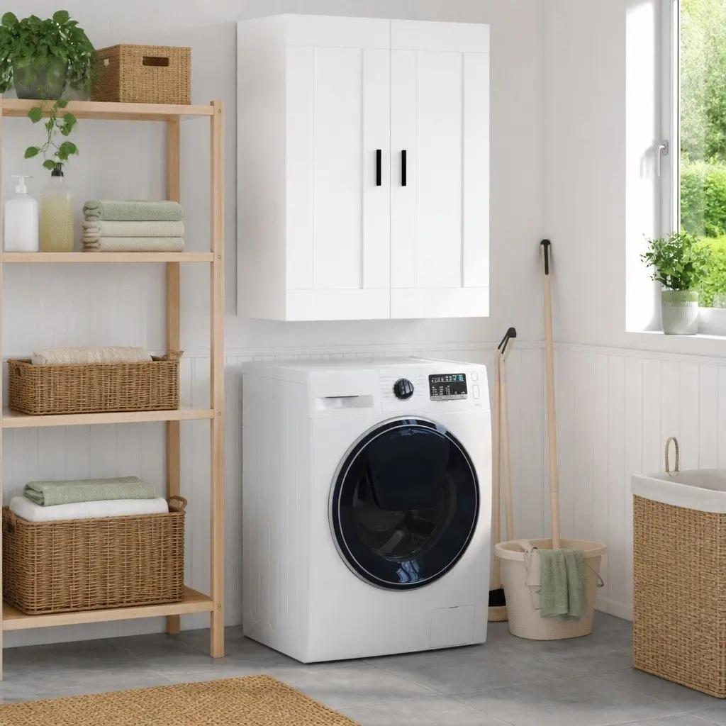 Wall Mounted Cabinet White Storage Organiser 3 Compartments 2 Doors